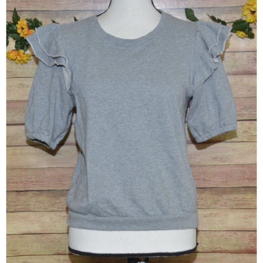 1 State Ladies S Gray Cropped Short Sleeve Ruffle Pullover Sweatshirt Cotton